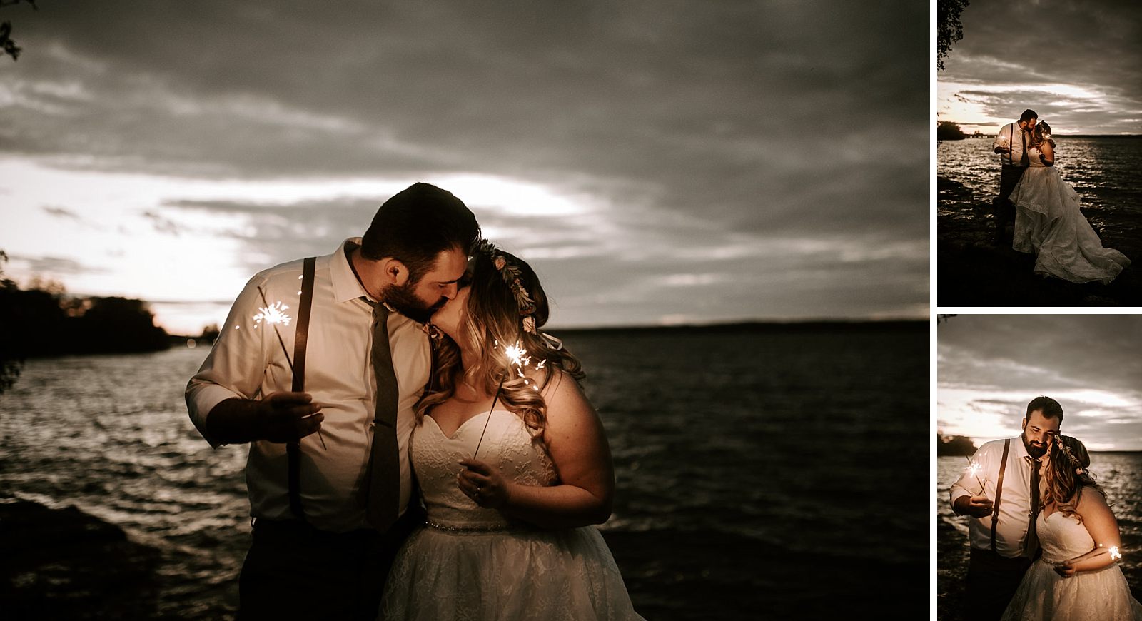 bride and groom take sunset photo's with sparklers