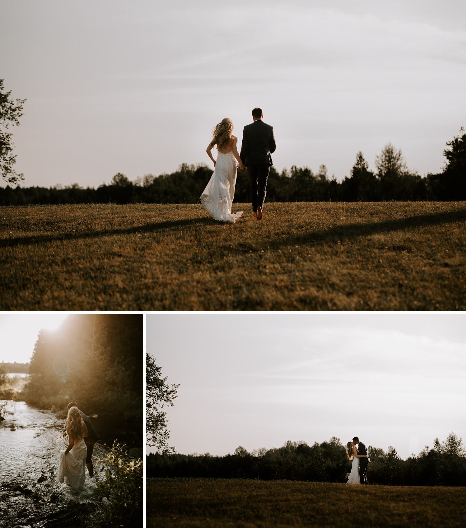 bride and groom have a unique wedding on grandfather's property during sunset